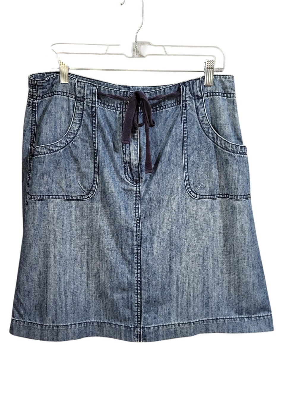 Talbots Denim Skirt Sz 12P Blue A Line Drawstring Waist Pockets Preppy Casual